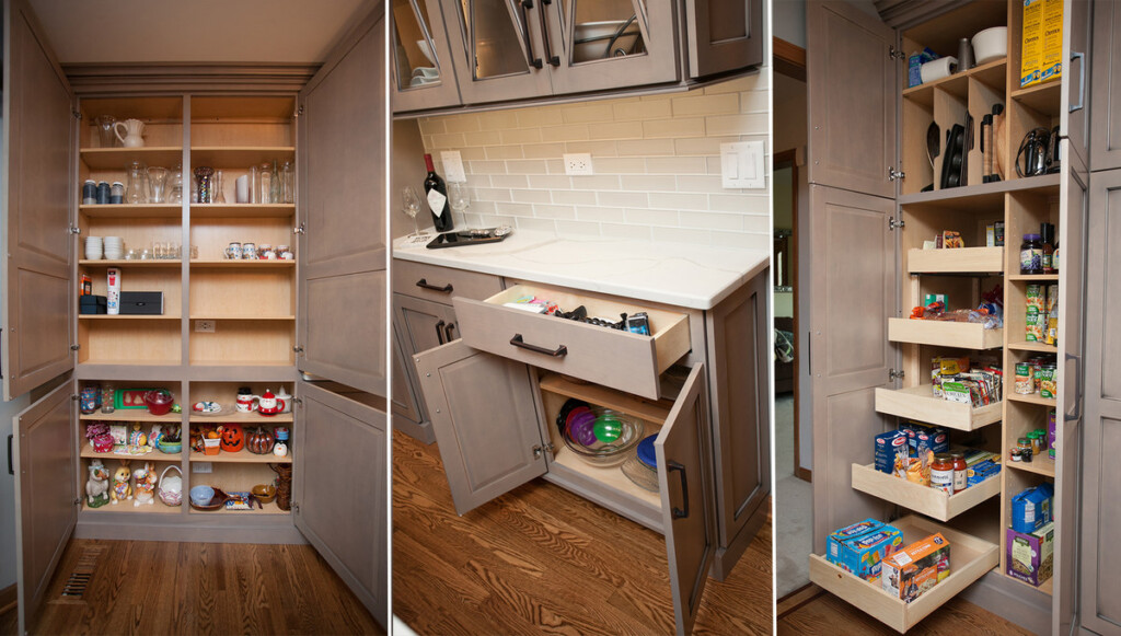 From left to right: the shallow depth, floor to ceiling 'found storage' pantry in the dining area, more shallow storage beneath the serving area parallel to island, and last is the full depth storage with roll out shelves and custom interior to accommodate a chase in the wall.