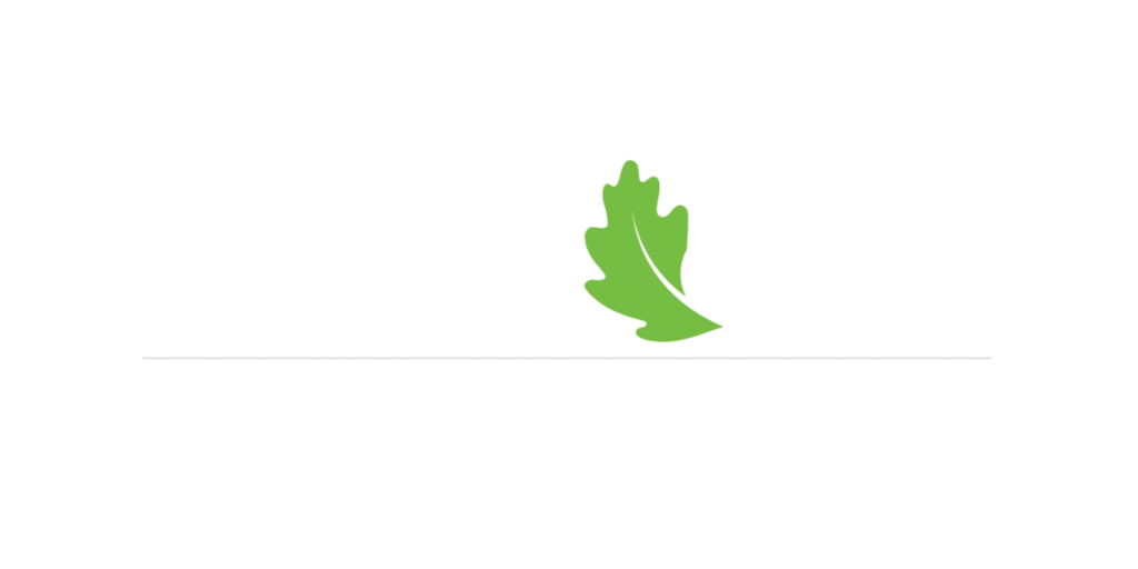 Logo with white lettering and green leaf